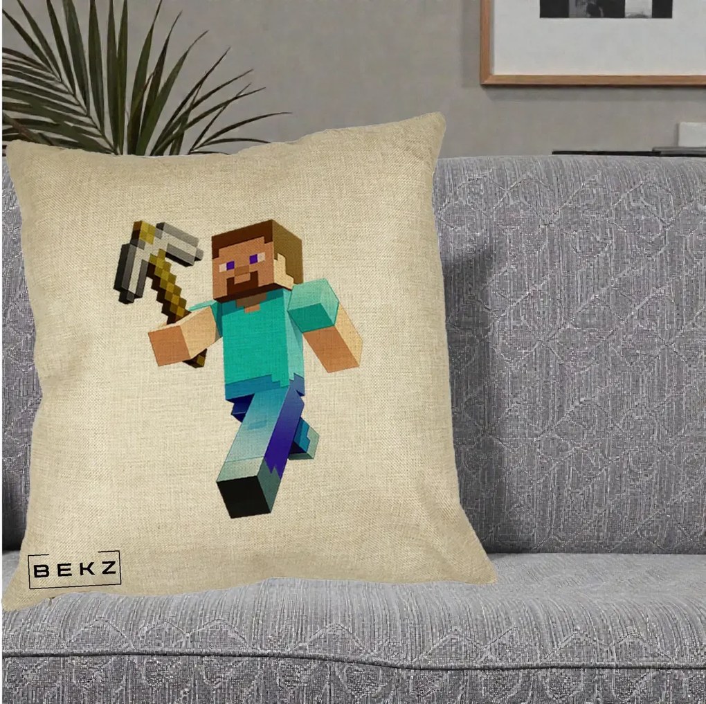 Perna Personalizata Minecraft Steve cu Tarnacop, 40x40 cm, Crem, Husa Detasabila, Perna Inclusa, BEKZ®