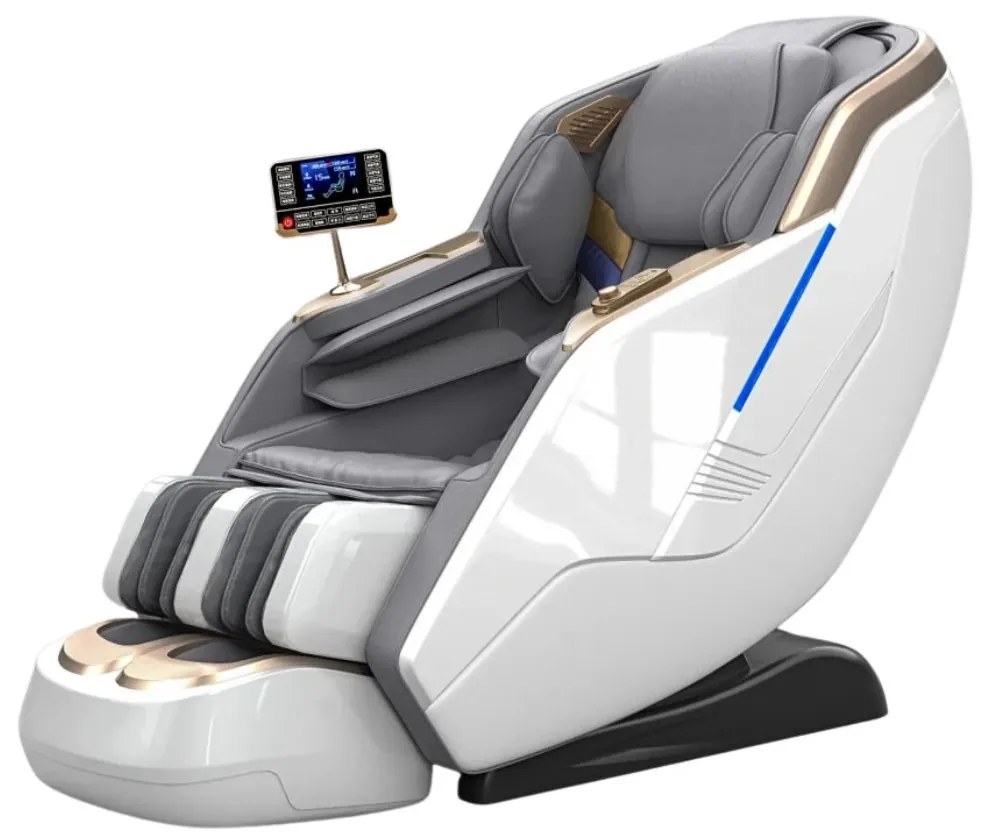 Fotoliu de masaj HONORIUS, Incalzire, Bluetooth, Display, Ecran tactil, Controler rapid cotiera, Zero Gravity, 2 Boxe, Moduri Automate, Suport Picioare extensibil, Piele Ecologica Premium, Alb/Gri