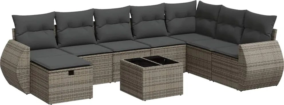 vidaXL Set canapele de grădină, 9 piese, cu perne, gri, poliratan