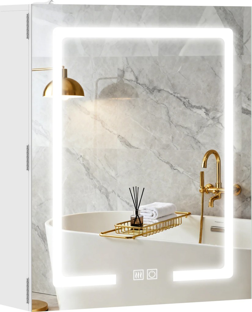 HOMCOM Dulap cu oglindă pentru baie cu iluminare, raft reglabil, ușă, 3 temperaturi de culoare, anti-aburire 50 x 15 x 60 cm Alb | Aosom Romania