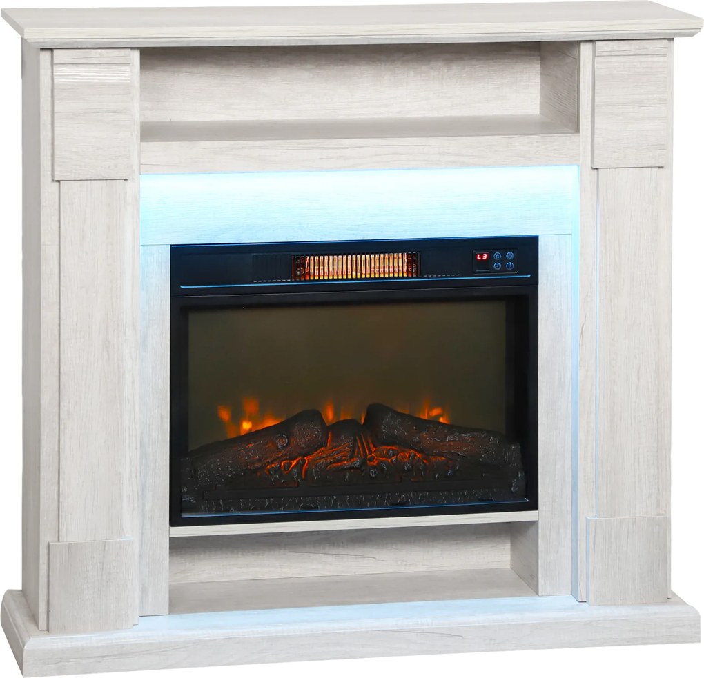 HOMCOM Șemineu Electric 1800W Reglabil cu Flacără 3D, Raft, Timer și Telecomandă, 105x27x97 cm, culoare Lemn | Aosom Romania