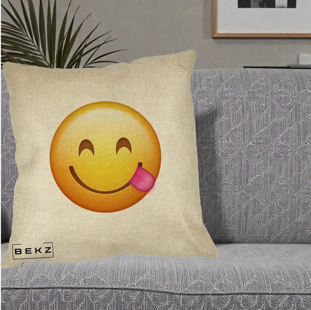 Perna Decorativa Emoji Limba Scoasa, 40x40 cm, Crem, Husa Detasabila, Perna Inclusa, BEKZ®