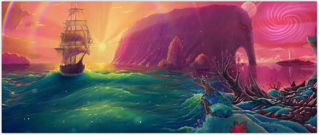 Tablou - Pictură în ulei, călătorie într-un țărăm fantastic (120x50 cm)