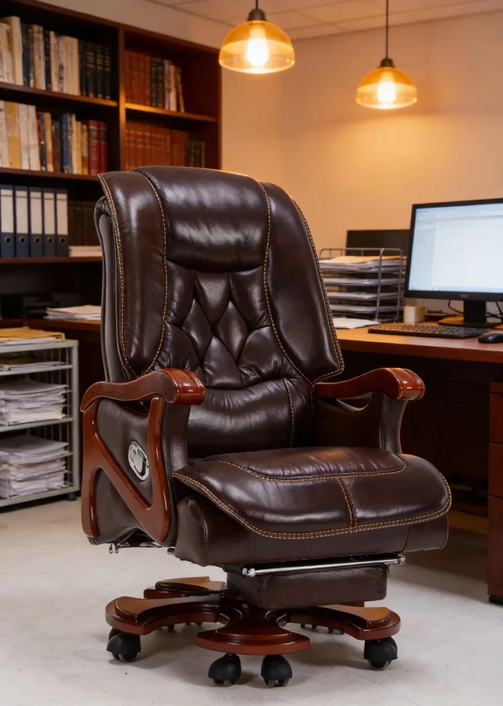 Regal Confort – Scaun directorial din Piele Naturală si Lemn Masiv, Masaj in 7 puncte, Funcție Încălzire, Înclinare 135°, Suport Picioare Extensibil, Sezut cu Arcuri, Telecomandă, Maro
