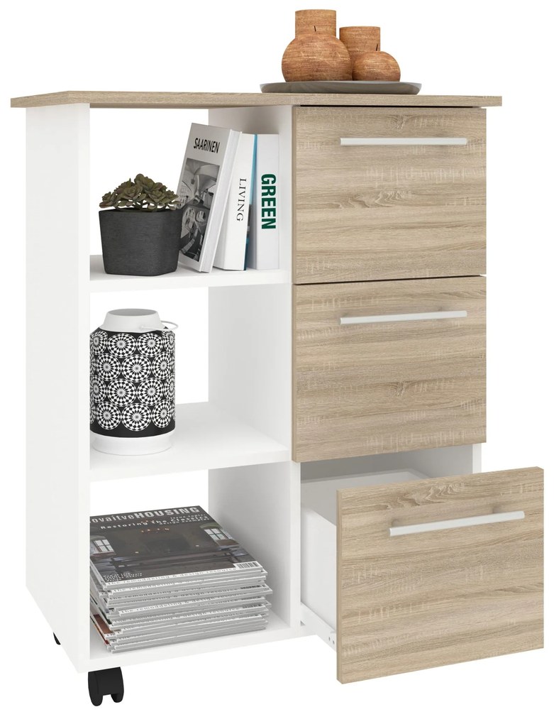 Corp Mobil Loma, 3 Sertare, 3 Rafturi, Stejar Sonoma/Alb, 64 x 35 x 85 cm
