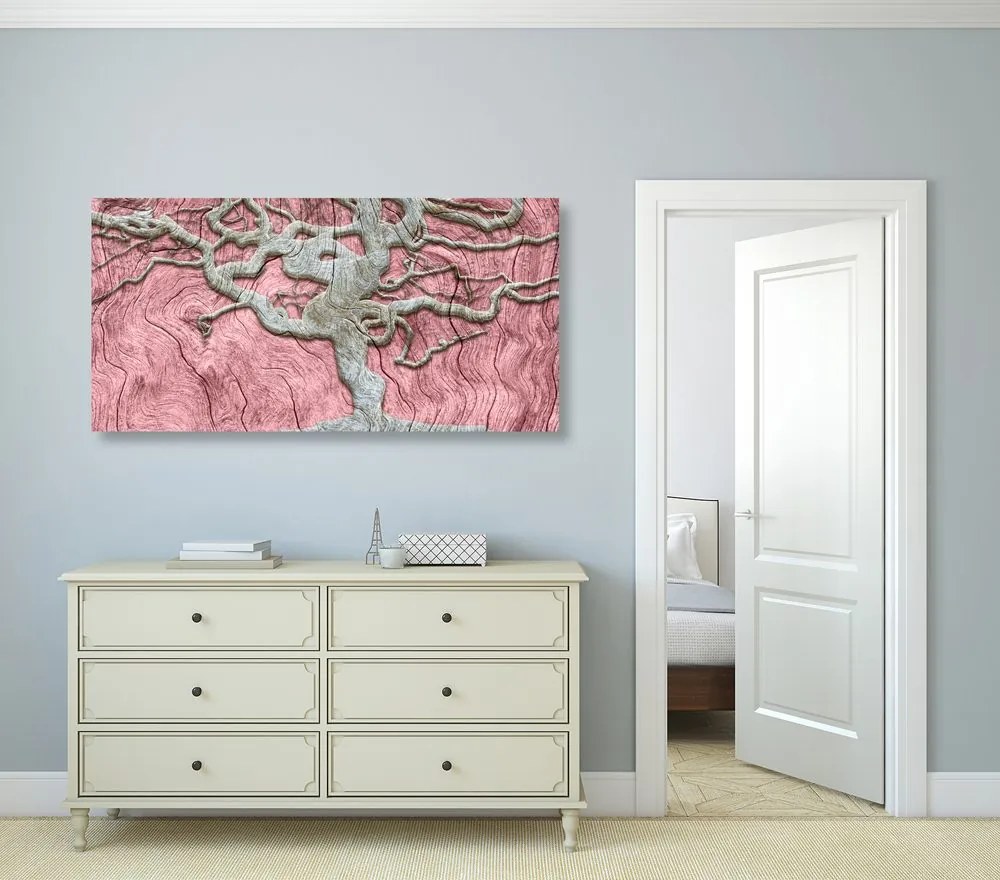 Tablou copacul abstract pe lemn cu contrast roz
