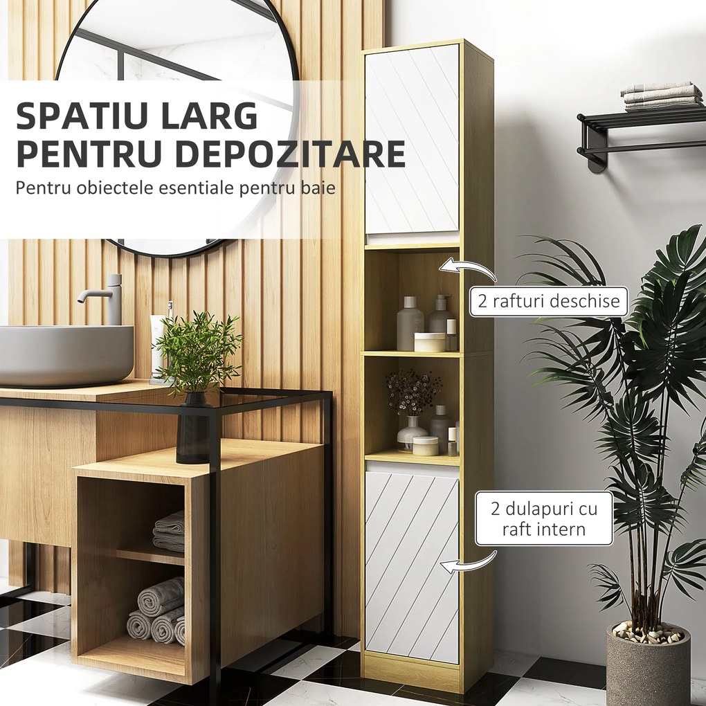 HOMCOM Dulap Baie Înalt Spațios, Mobilier de Baie cu 2 Dulapuri și Rafturi Reglabile, 30x24x170 cm, Lemn Natural | Aosom Romania