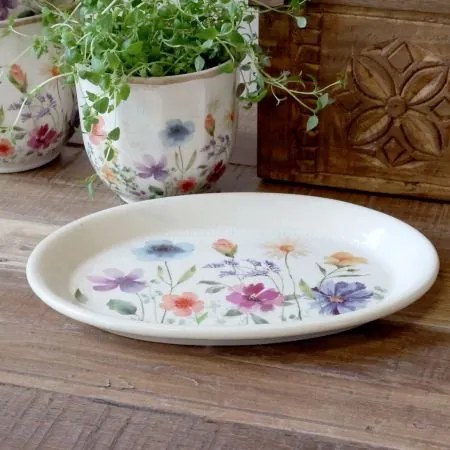 Tavă pentru ghiveci din ceramică cu flori de câmp, crem, H2,5/L25 cm, „Fleurville”