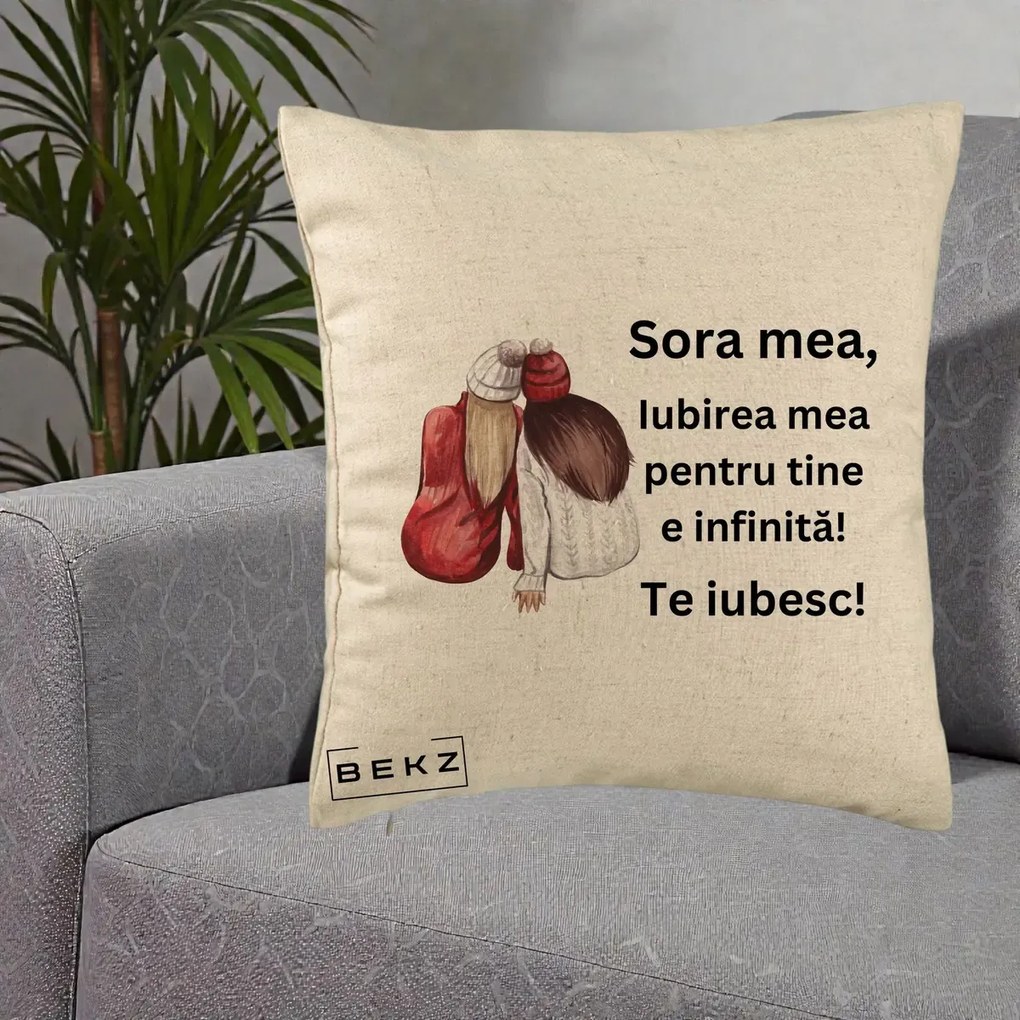 Cadou pentru Sora - Perna Personalizata Sora Mea Te Iubesc Doua Fete Iarna Acuarela, 40x40 cm, Bej, Husa Detasabila, Perna Inclusa, BEKZ®