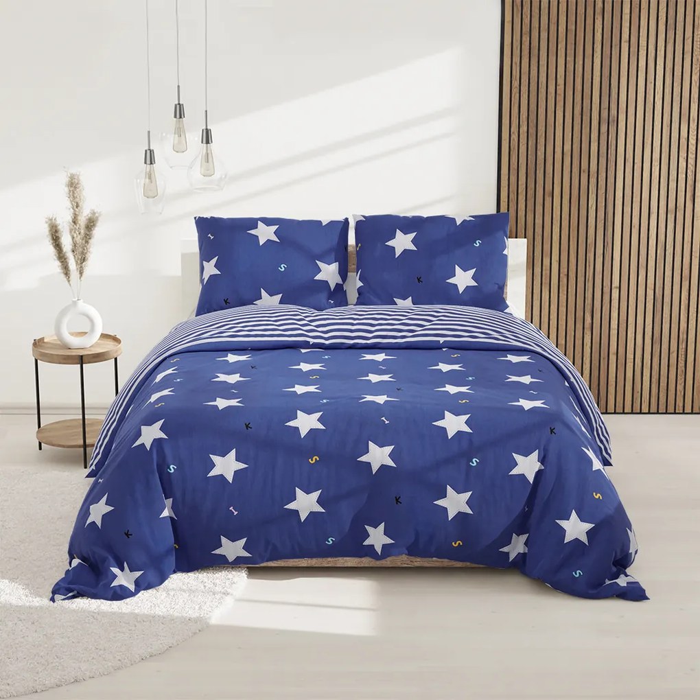 Lenjerie de pat din bumbac albastru, WHITE STARS