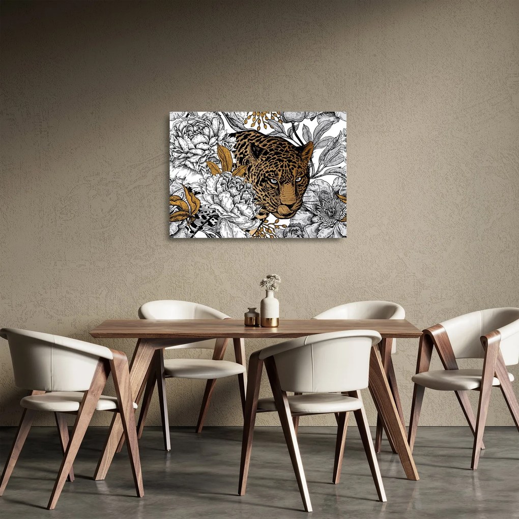Tablou pe sticlă - Leopard între flori (70x50 cm)