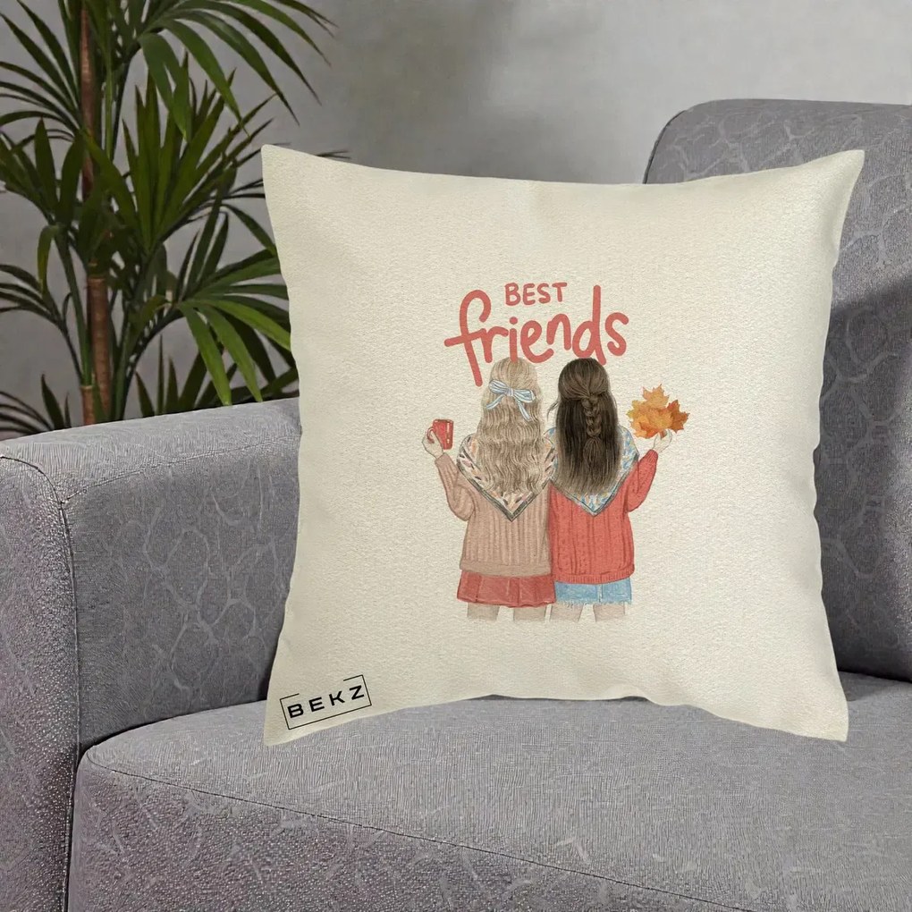 Cadou pentru Prieteni - Perna Personalizata Best Friends Toamna, 40x40 cm, Ecru, Husa Detasabila, Perna Inclusa, BEKZ®
