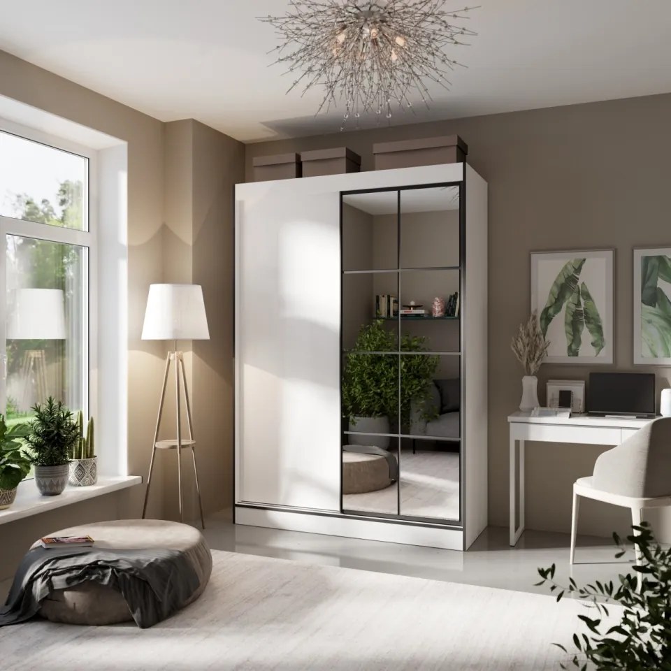 Dulap cu usi glisante si oglinda Osgar, ADRK Furniture (Culoare: Alb, Dimensiuni: 120x216 cm)