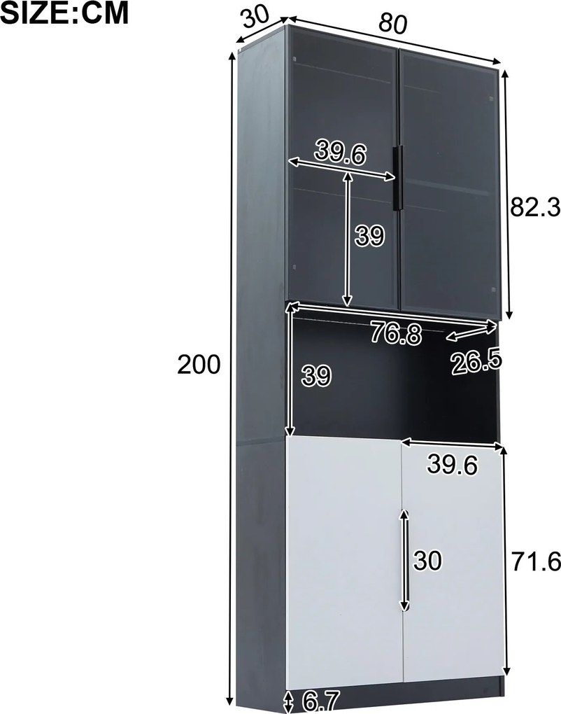 Vitrină modernă minimalistă cu uși din sticlă, lumini LED, 80x30x200 cm, Alb + Negru