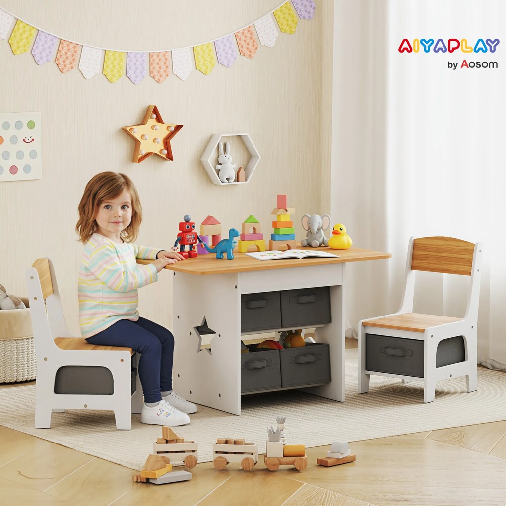 AIYAPLAY Masă pentru copii cu 2 scaune și 6 sertare din material textil, design cu stele, pentru copii 3-8 ani, Natural | Aosom Romania