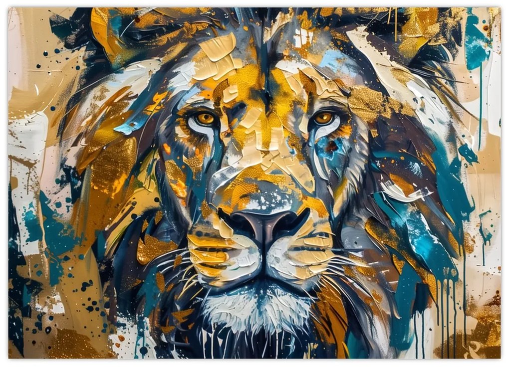 Tablou pe sticlă - pictură în ulei abstractă cu leu (70x50 cm)