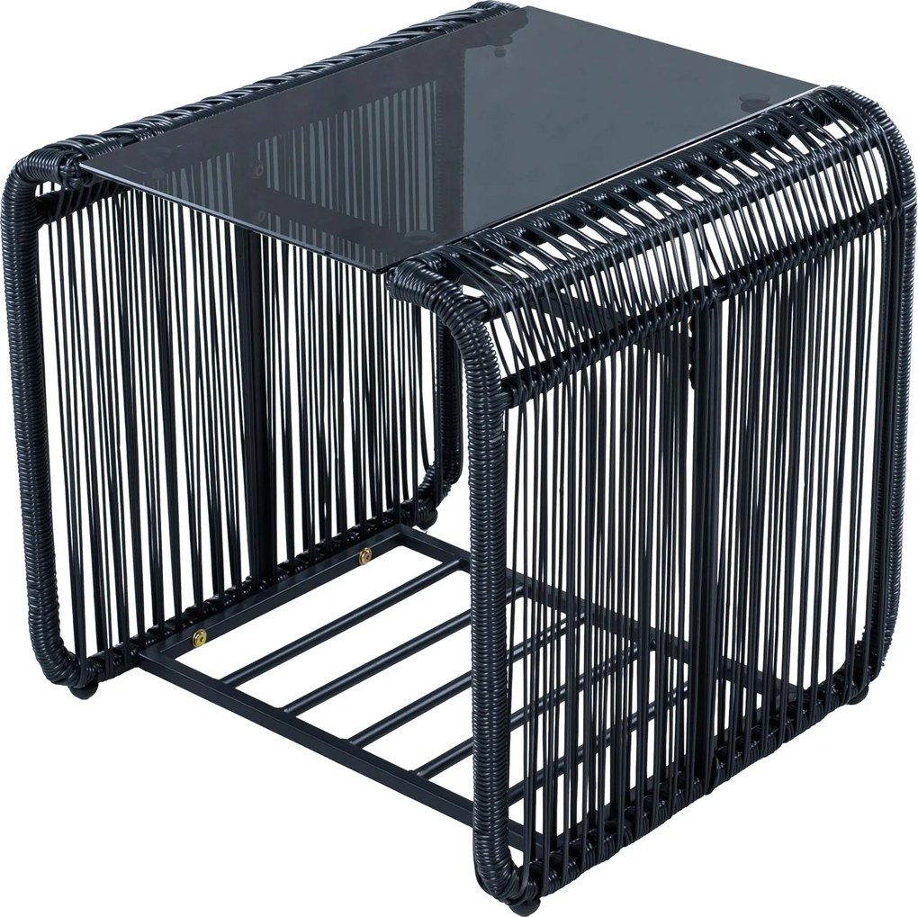 Set mobilier de grădină de exterior în 5 piese, set lounge pentru balcon cu 2 scaune, 2 taburete și masă cu blat din sticlă, Negru+Gri