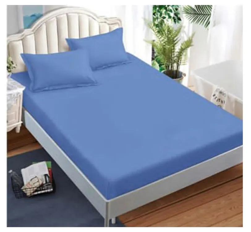 Lenjerie de pat cu elastic, tesatura tip finet, uni, pat 2 persoane, albastru, 6 piese, FNE-188