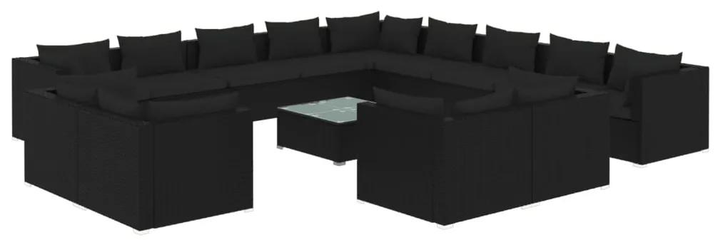 Set mobilier de gradina cu perne, 14 piese, negru, poliratan Negru, 7x colt + 6x mijloc + masa, 1