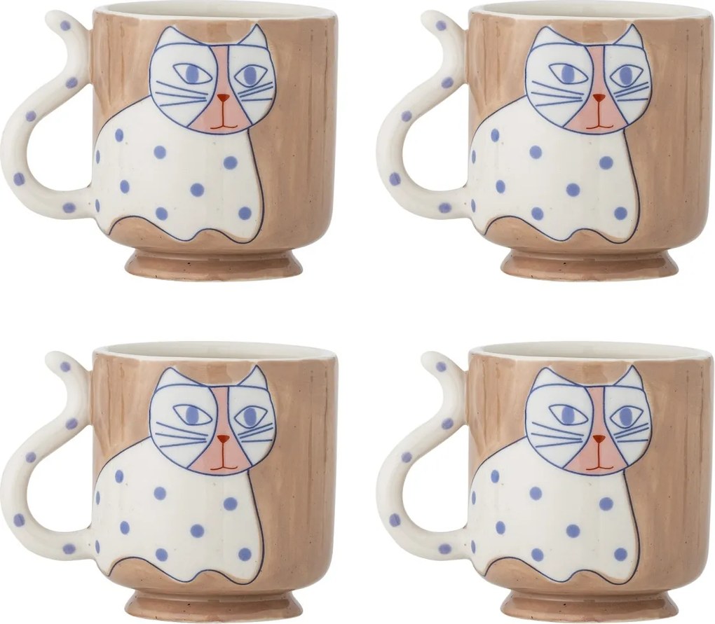 Set 4 căni din ceramică artizanală, multicolor, pictate manual cu pisici și buline, 8,5x9 cm, 325 ml, „Missy"