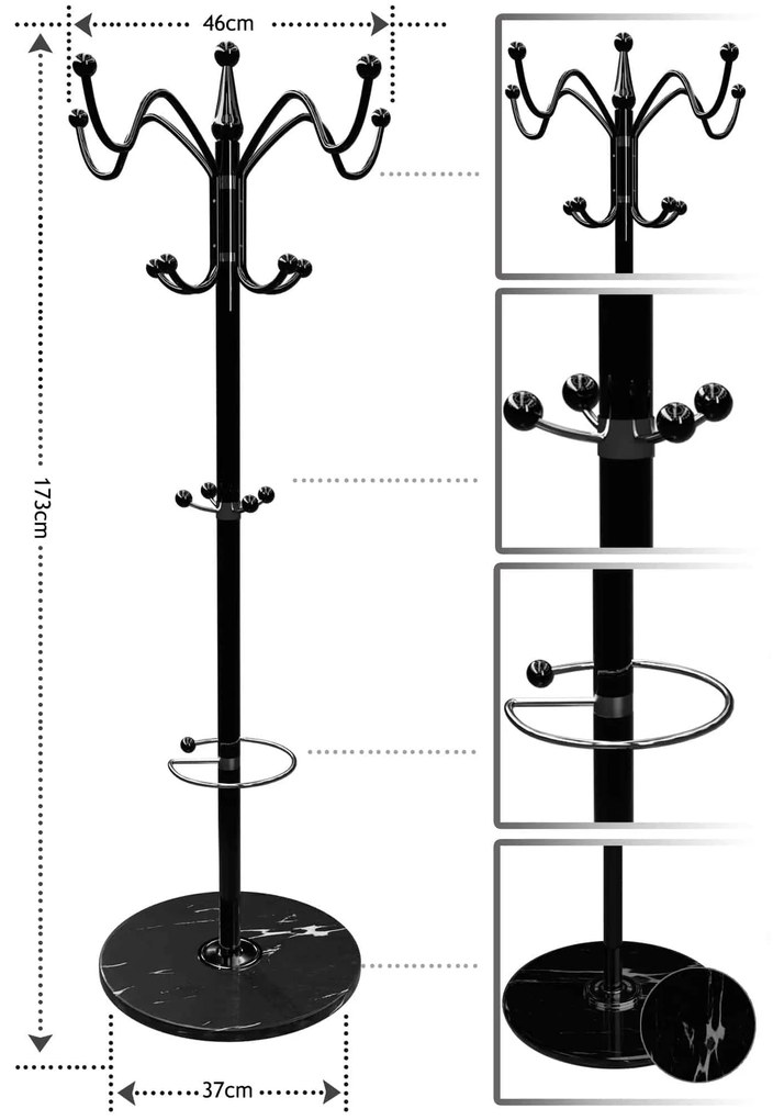 Cuier de podea TENZY cu bază din marmură, 37x173cm, negru Casaria