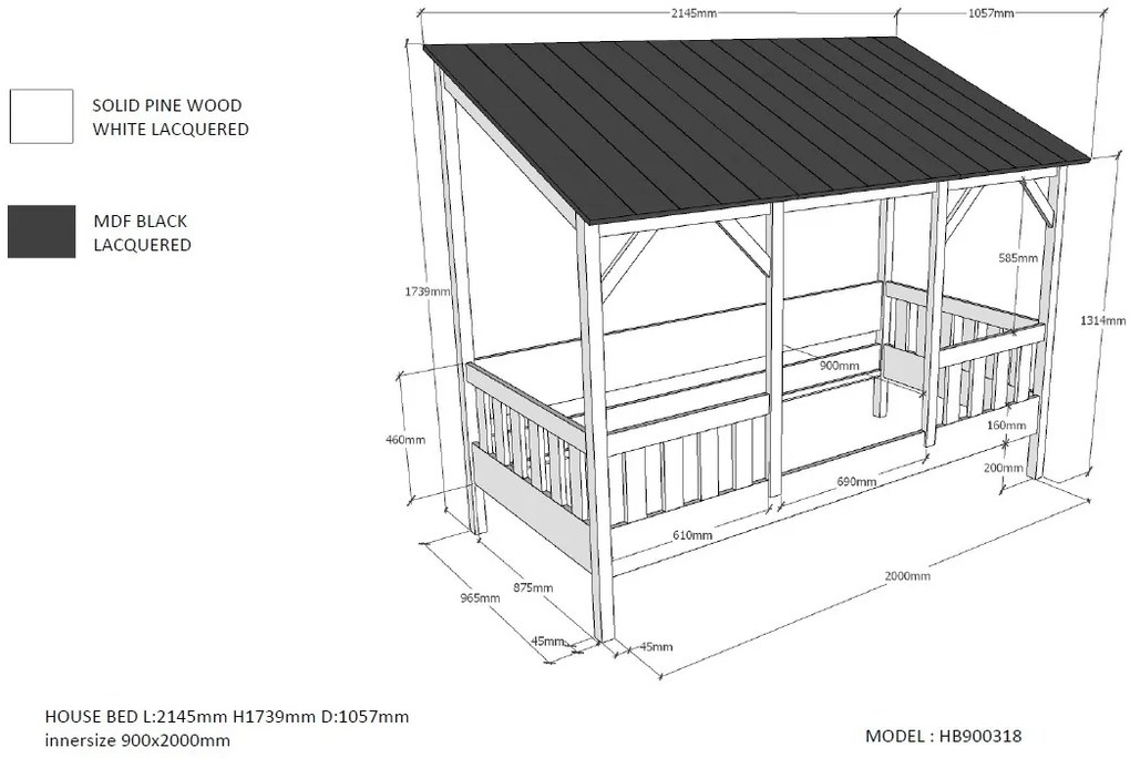 Pat copii HOUSEBED (03) 90 X 200 CM ACOPERIȘ NEGRU
