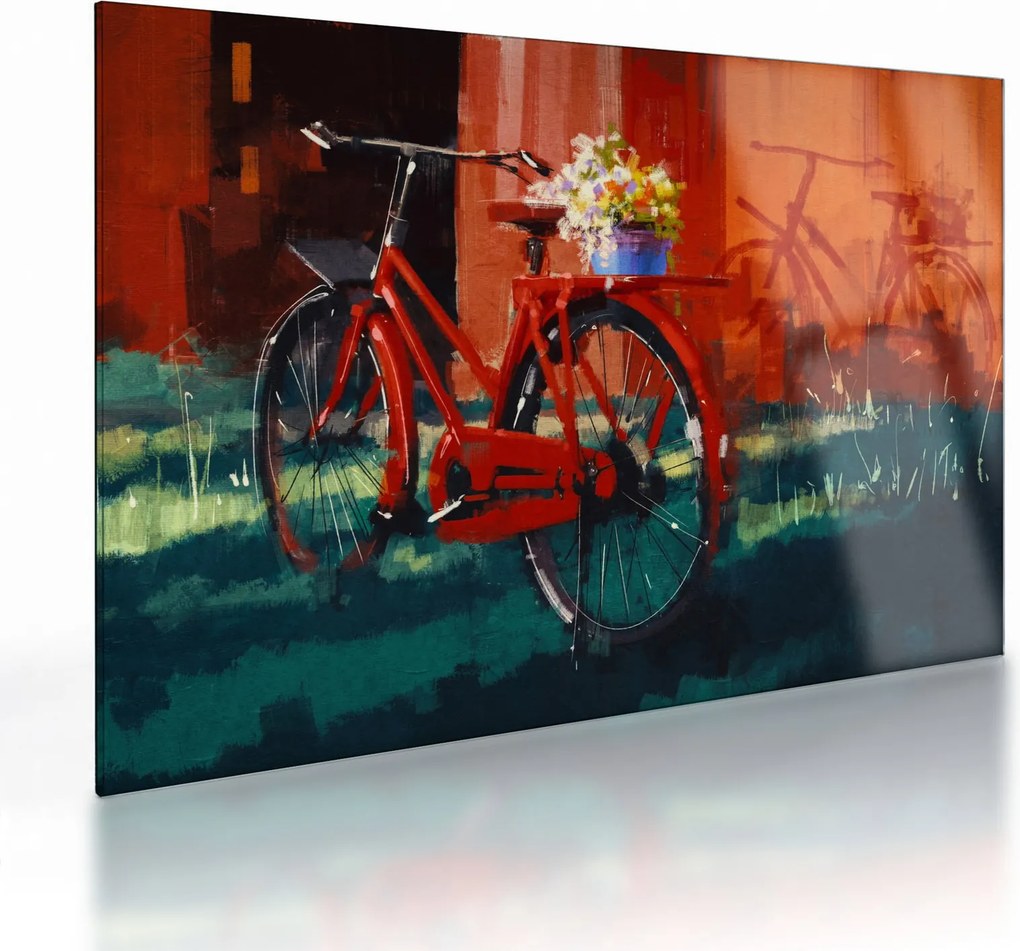 Tablou pe sticlă - Bicicleta roșie, pictură acrilică (70x50 cm)