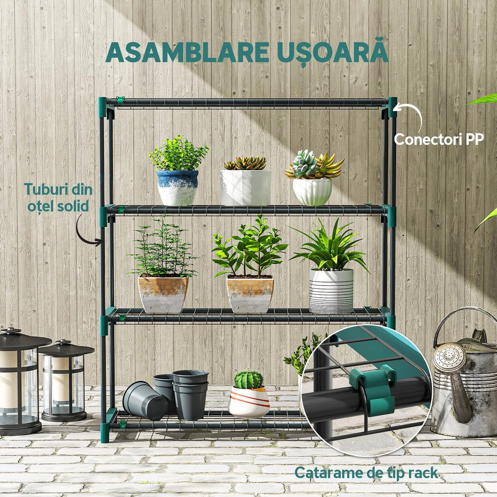 Outsunny Raft pentru Plante pe 4 Niveluri, Set de 2 Suporturi pentru Plante, din Oțel cu Catarame pentru Montaj Ușor, Expunere Ghivece Grădină și Balcon, 90x28x104 cm | Aosom Romania
