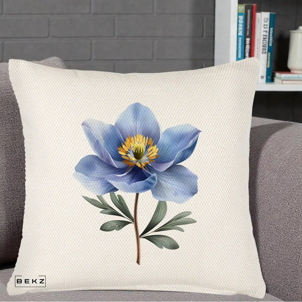 Perna Decorativa Anemona Albastra Botanica, 40x40 cm, Crem Reliefat, Husa Detasabila, Perna Inclusa, BEKZ®