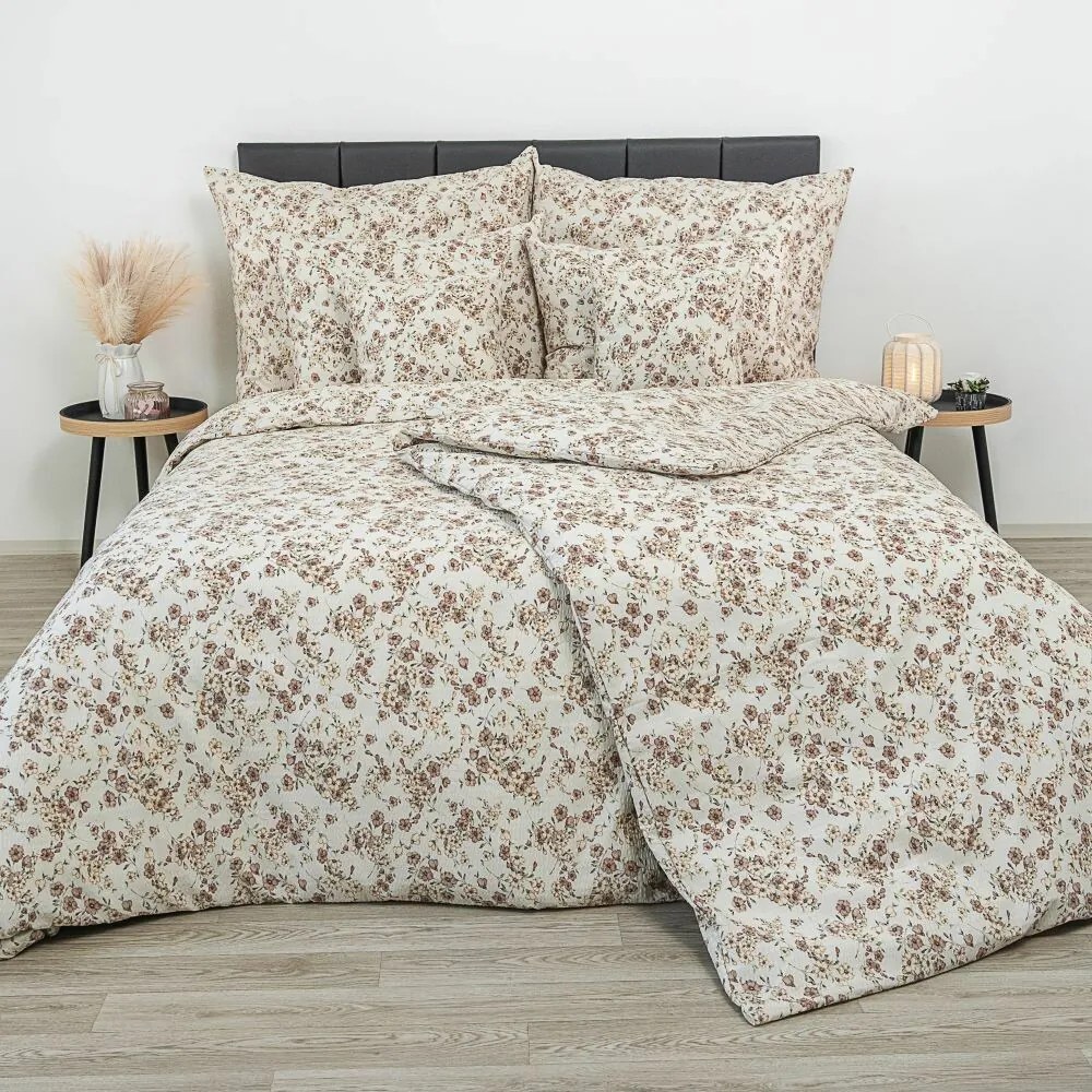 Lenjerie de pat creponată Kvalitex Flori bej, 220 x 200 cm, 2 buc. 70 x 90 cm