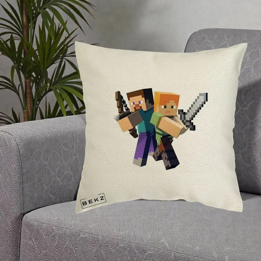 Perna Personalizata Minecraft Steve si Alex, 40x40 cm, Ecru, Husa Detasabila, Perna Inclusa, BEKZ®
