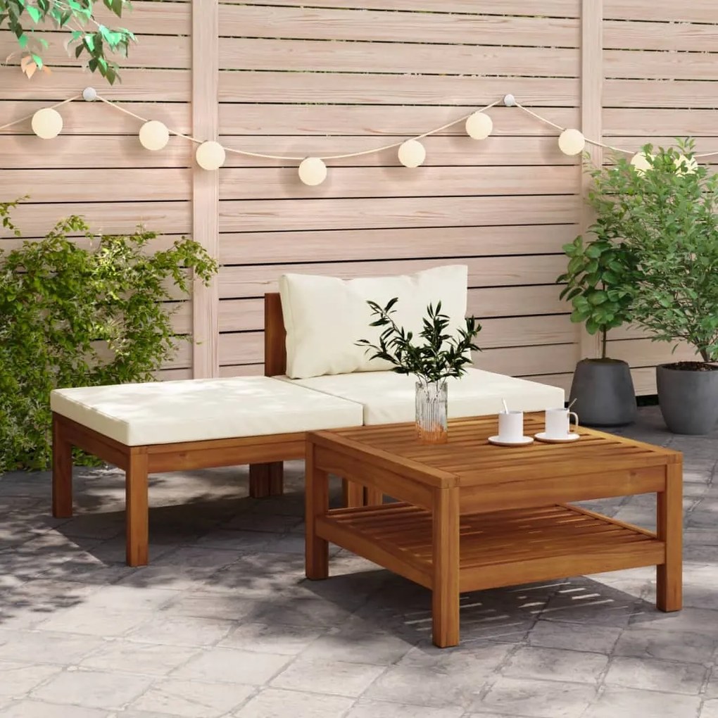 vidaXL Set mobilier grădină perne alb crem, 3 piese, lemn masiv acacia