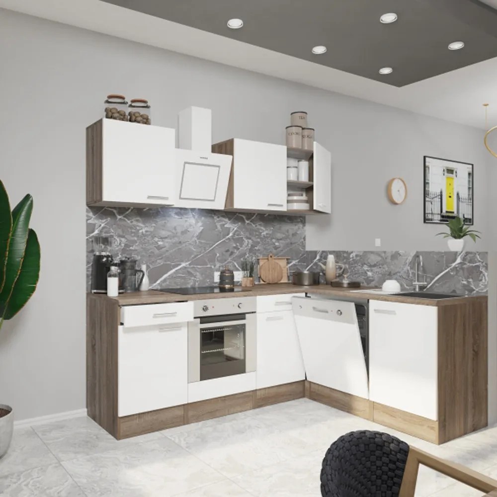 Mobilă de bucătărie de colț Yorki 220, corp din stejar Yorki, față alb satinat cu element inferior al cuptorului