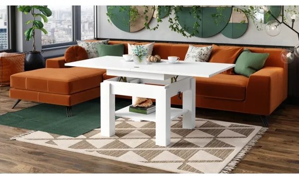 Masă extensibilă CALEB pentru living și dining, cu blat ridicabil, alb