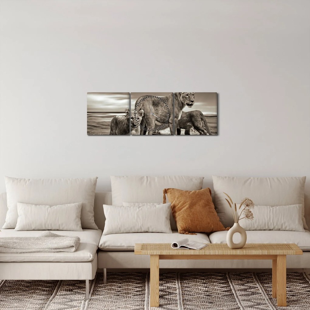 Tablou cu leii alb negri (cu ceas) (90x30 cm)