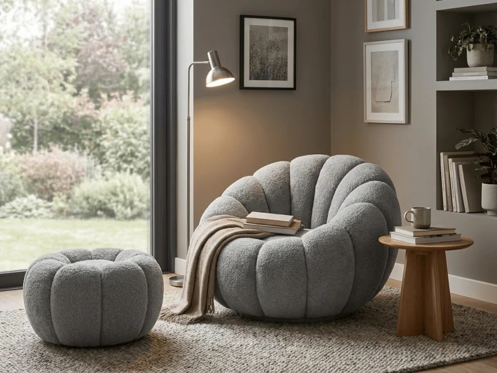 Fotoliu pivotant de design BLOOM cu taburet, gri