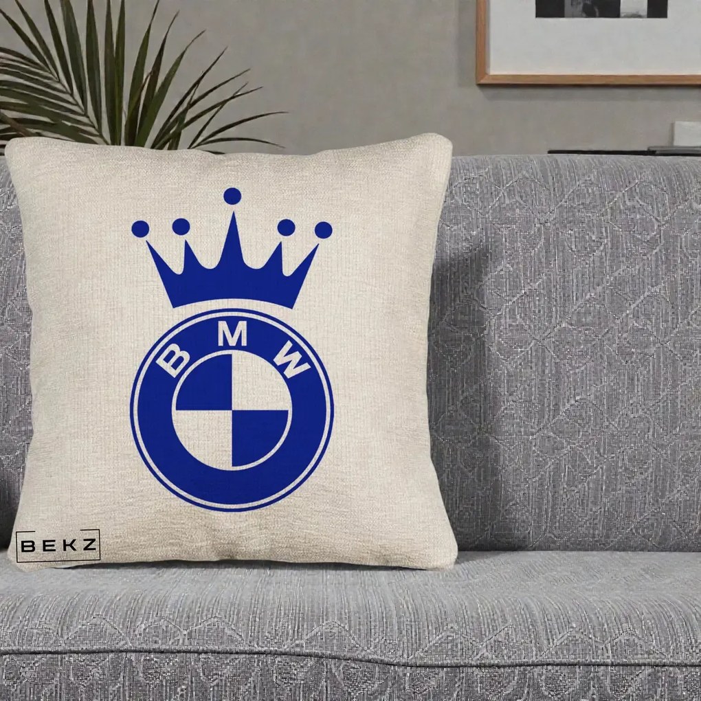 Perna Personalizata cu emblema BMW si Coroana, 40x40 cm, Bej Canapea, Husa Detasabila, Perna Inclusa, BEKZ®