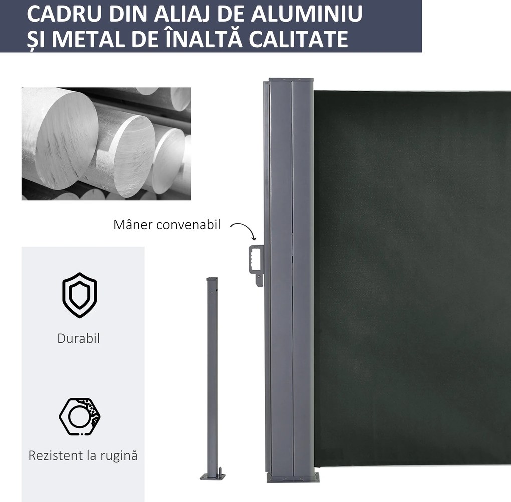 Outsunny Perdea Laterală Retractabilă cu Mâner, Paravan din Metal și Poliester 180 g/m², Anti-UV, pentru Intimitate Exterior, pentru Balcon Grădină, 600x180 cm, Gri | Aosom Romania