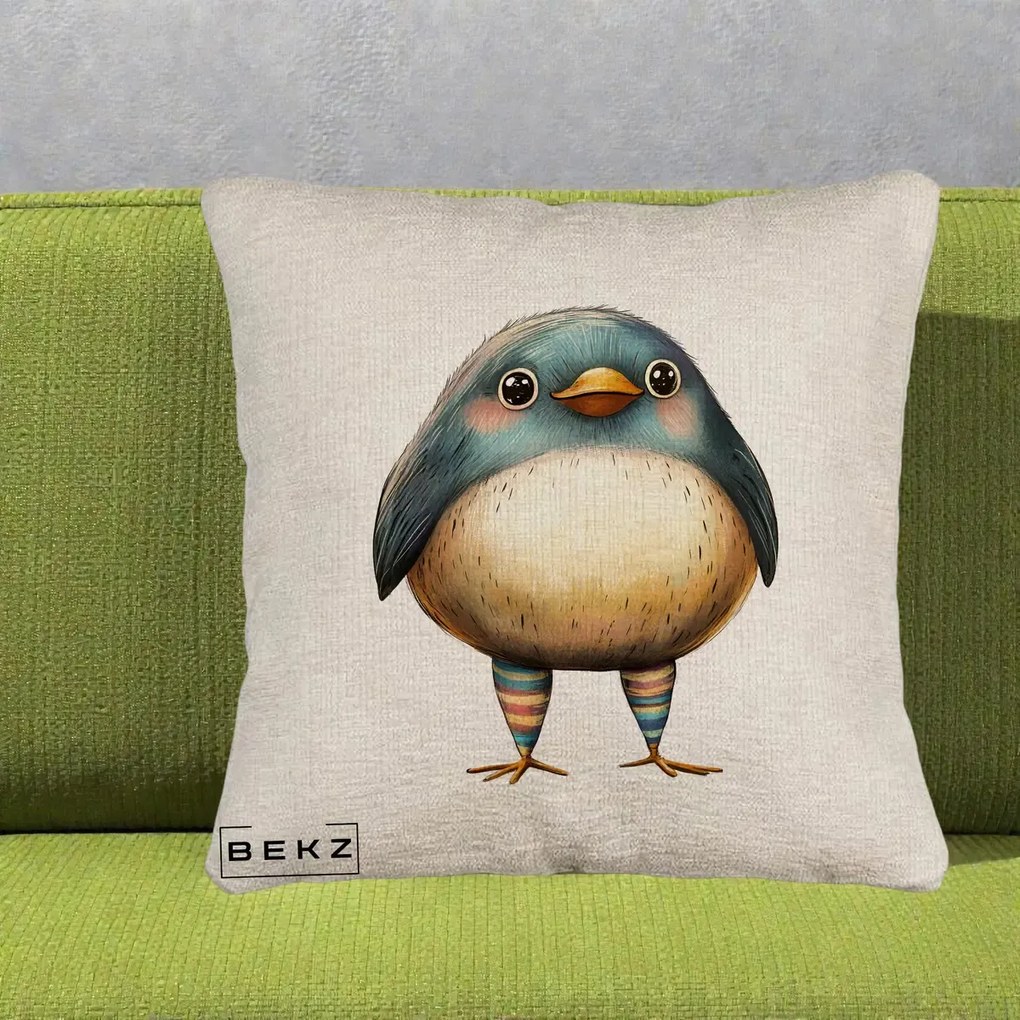 Perna Decorativa Pasare Teal-Bej cu Sosete Curcubeu, 40x40 cm, Bej Canapea, Husa Detasabila, Perna Inclusa, BEKZ®