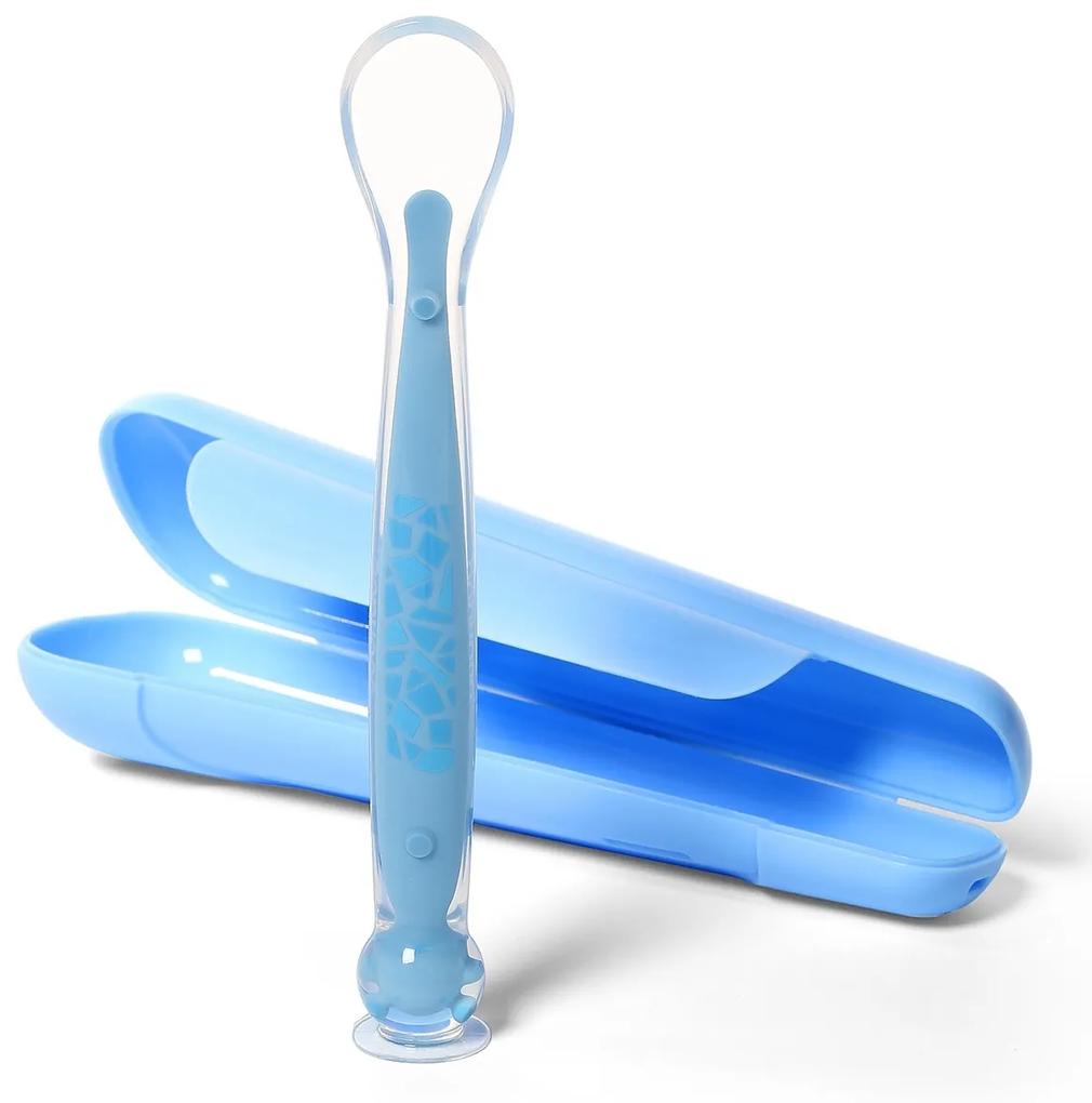 BabyOno Îngustă lingura de silicon cu ventuză în carcasă - albastru
