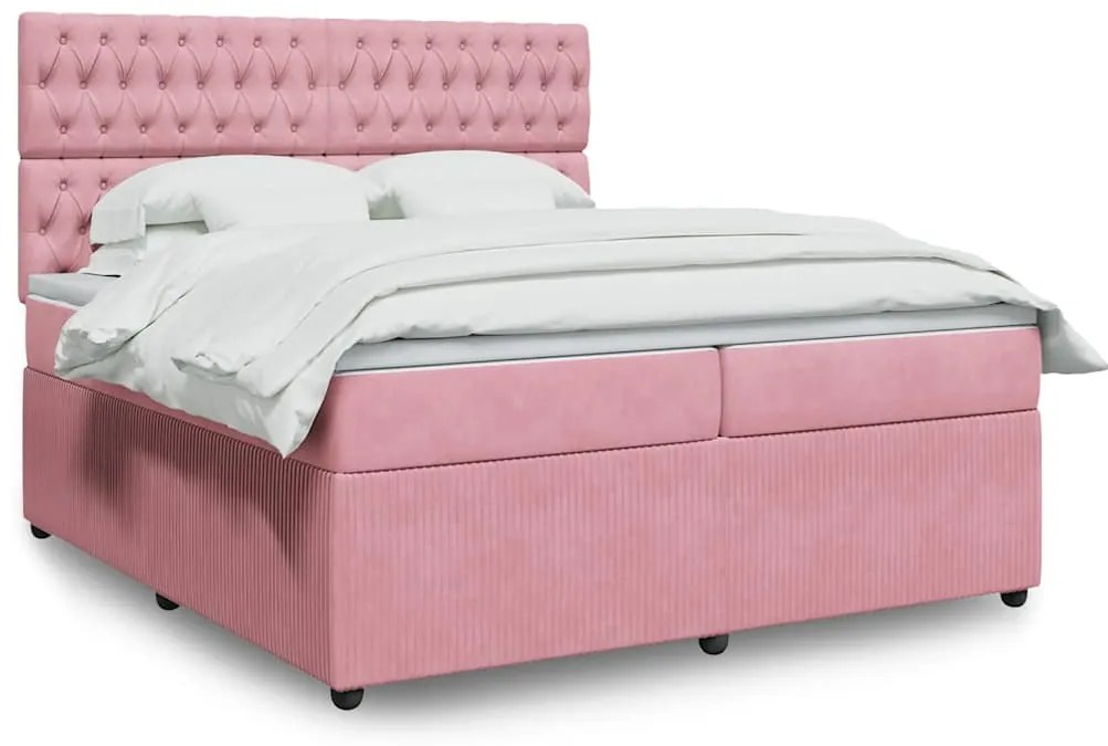 vidaXL Pat box spring cu saltea, roz, 200x200 cm, catifea