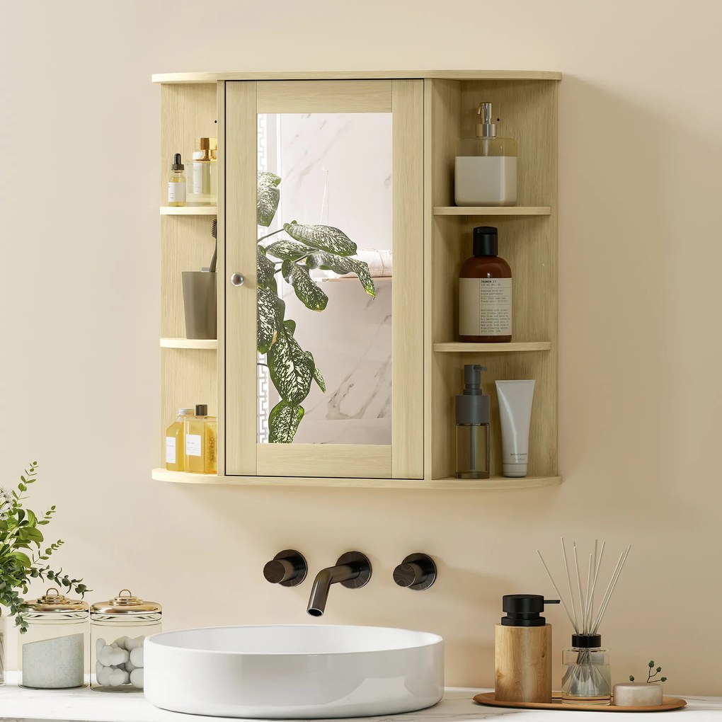 HOMCOM Dulap de baie cu oglindă Dulap de perete cu rafturi deschise 66x17x63 cm Natural | Aosom Romania