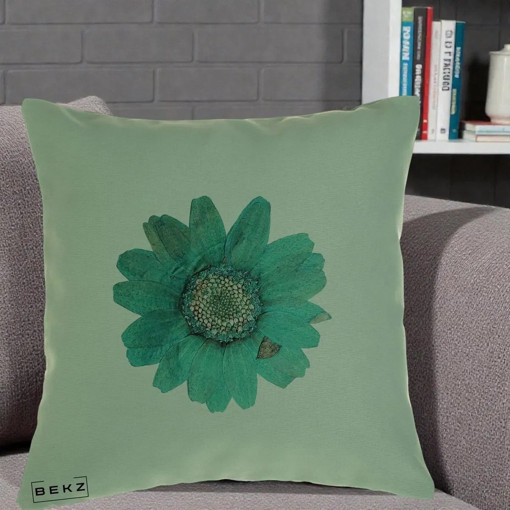 Perna Decorativa Floare Gerbera Teal Acuarela, 40x40 cm, Verde, Husa Detasabila, Perna Inclusa, BEKZ®
