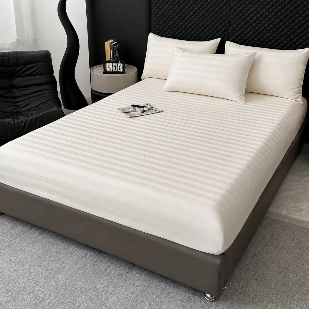 Lenjerie Premium Damasc, bumbac 100%, 6 piese, pat 2 persoane, crem ivoire