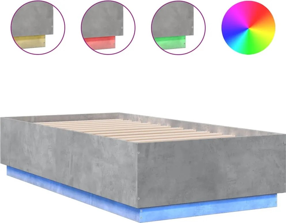 vidaXL Cadru de pat cu LED, gri beton, 75x190 cm, lemn prelucrat