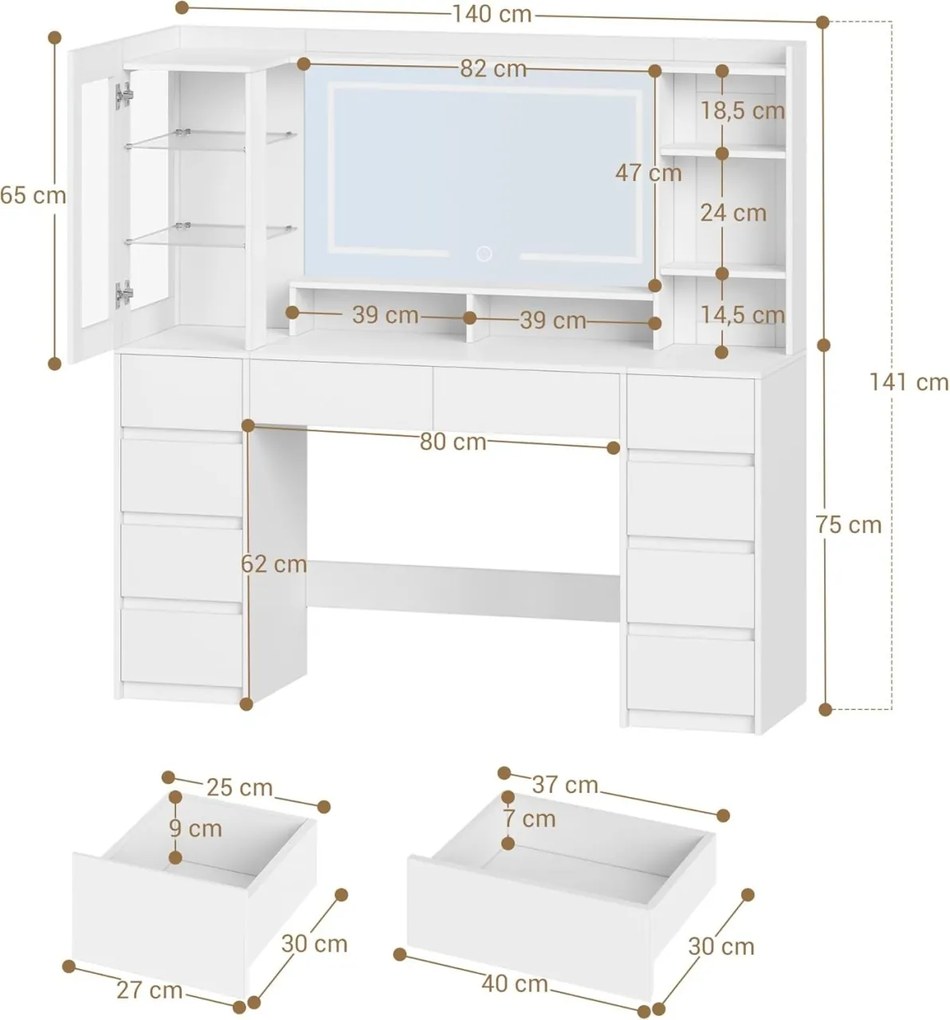 Masuta de machiaj 140 cm, cu Oglinda LED si 10 Sertare pentru Cosmetice, Set Masa toaleta Alba, masuta cosmetica, vanity cu dulapior si rafturi -
