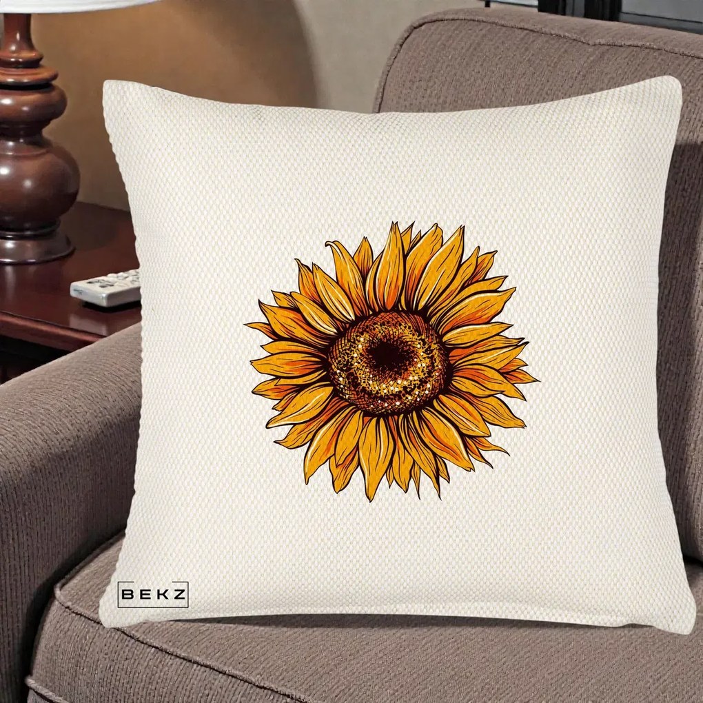 Perna Decorativa Floarea Soarelui Vibranta, 40x40 cm, Crem Reliefat, Husa Detasabila, Perna Inclusa, BEKZ®