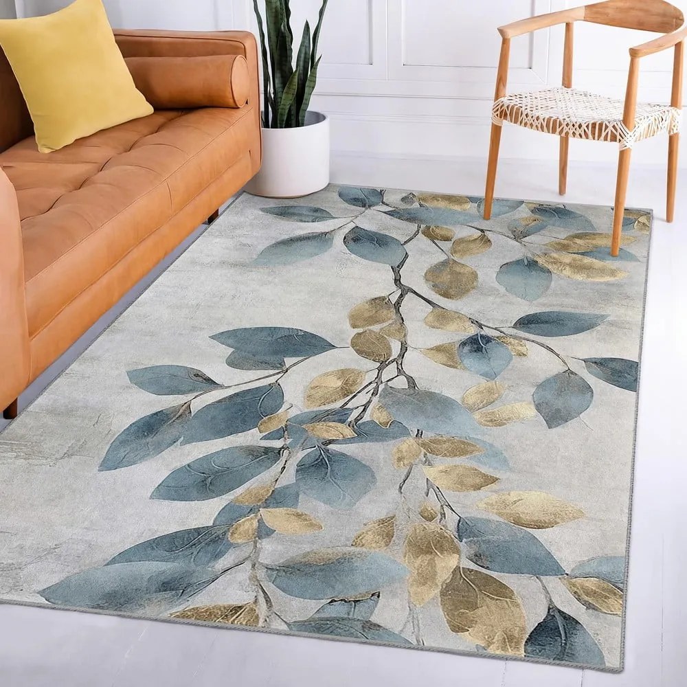 Covor albastru deschis/auriu lavabil 160x230 cm Golden Leaves – Mila Home