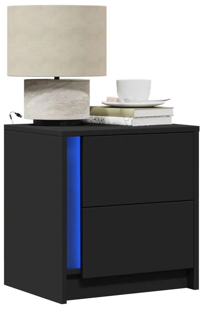 vidaXL Noptiere cu lumini LED, 2 buc., negru, lemn prelucrat