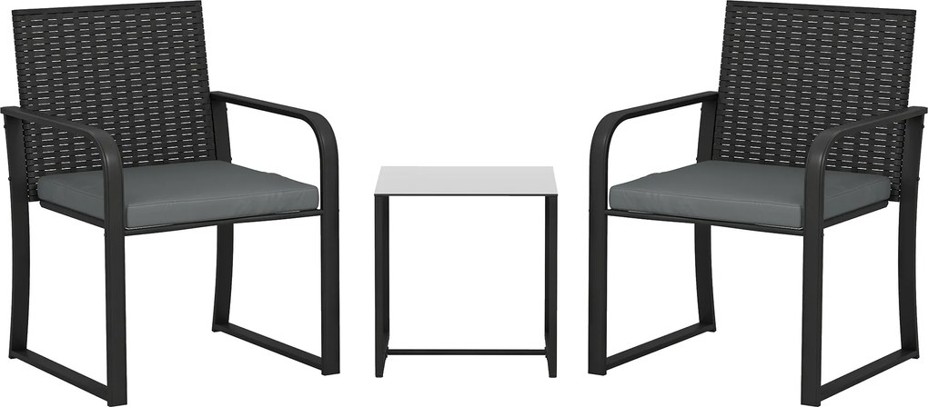 Outsunny Set de mobilier de grădină din ratan sintetic cu 2 scaune cu perne și masă cu blat din sticlă, gri | Aosom Romania